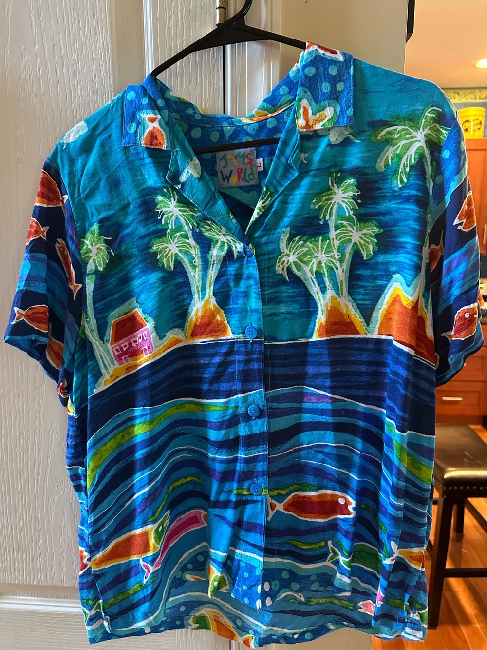 Jams World Teal & Blue Tropical Print Shirt with Orange Accents.  Short sleeve.